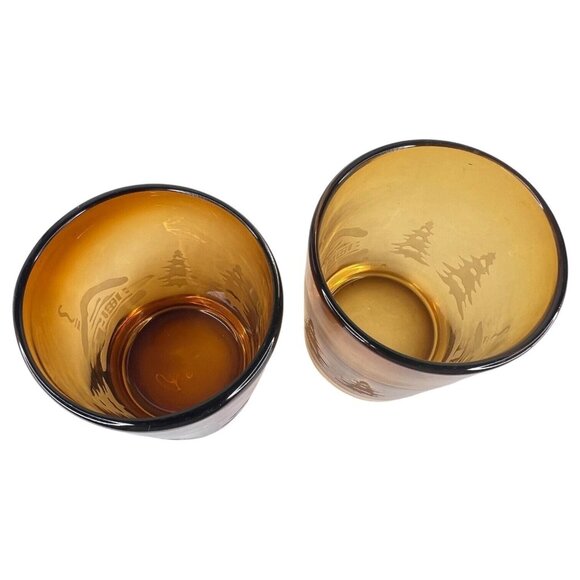 Homestudio Woodland Tumblers 4.25” Amber Etched Cabin Thick Glass Set of 2 - Picture 10 of 12